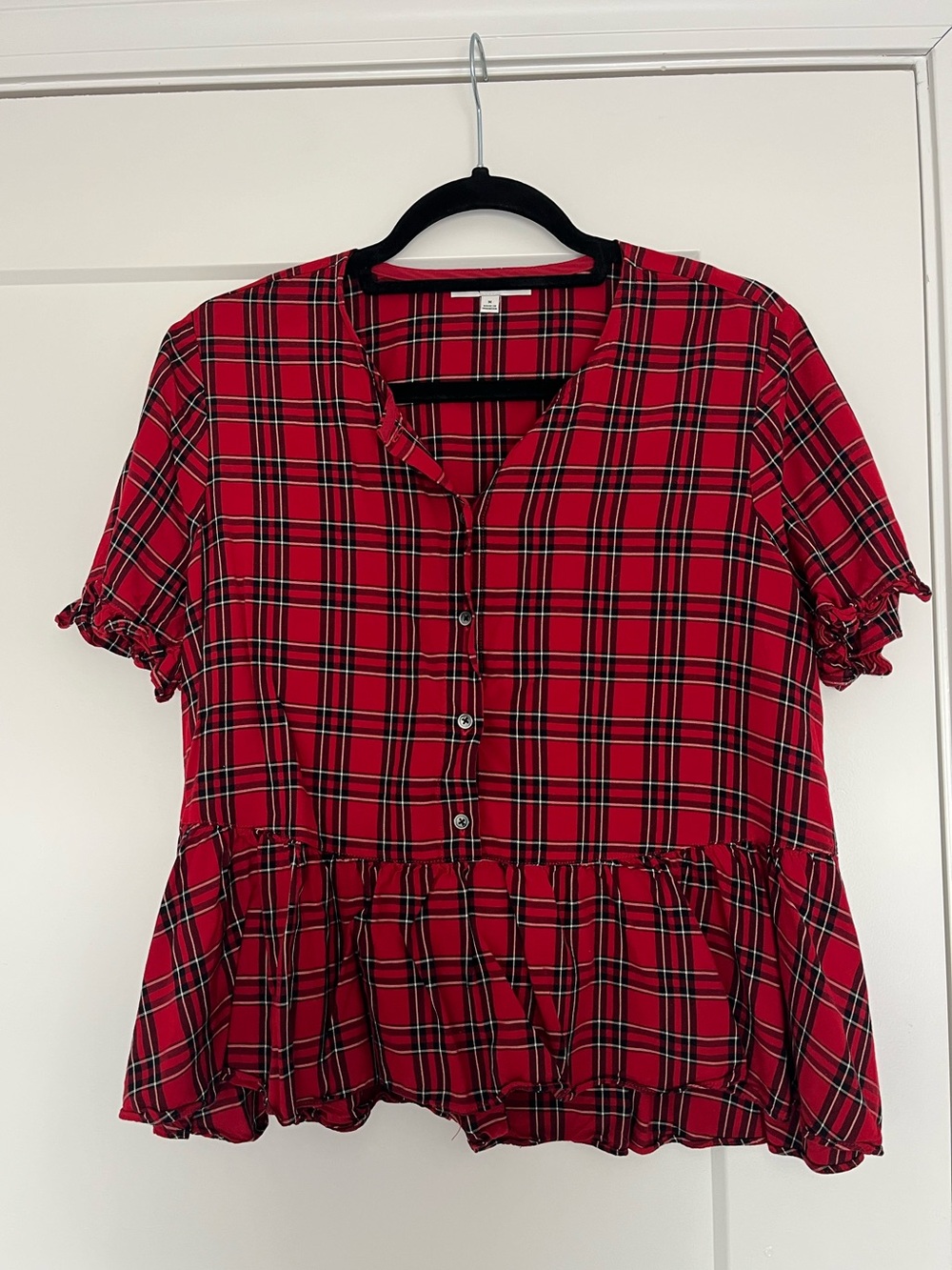 Madewell Clanton Plaid Ruffle Hem Top Size M Red Black Tartan Short Sleeve
